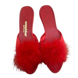 Rare vintage red satin fluffy feather boa peep toe glamorous house slippers